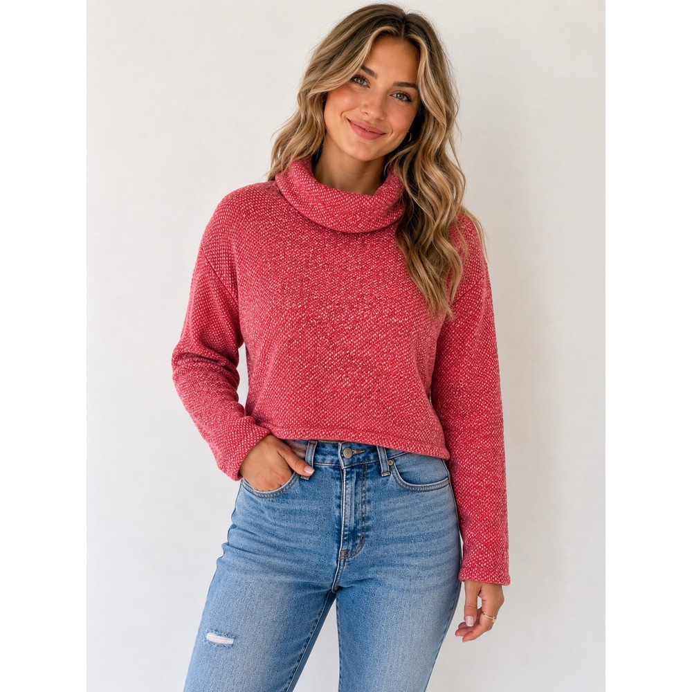 Columbia‎ Womens Red Marled Cowl Neck Fleece Lined Sweater AL0061 Medium